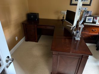 Executive office set - Large L-Shaped Wood Executive Desk, Bookshelf and File cabinet