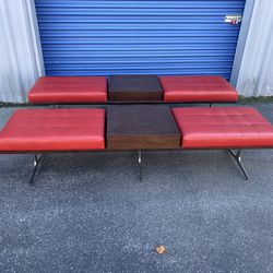 1 Available Bernhardt Design Red Leather With Wooden Center And Chrome Legs Lounge Bench