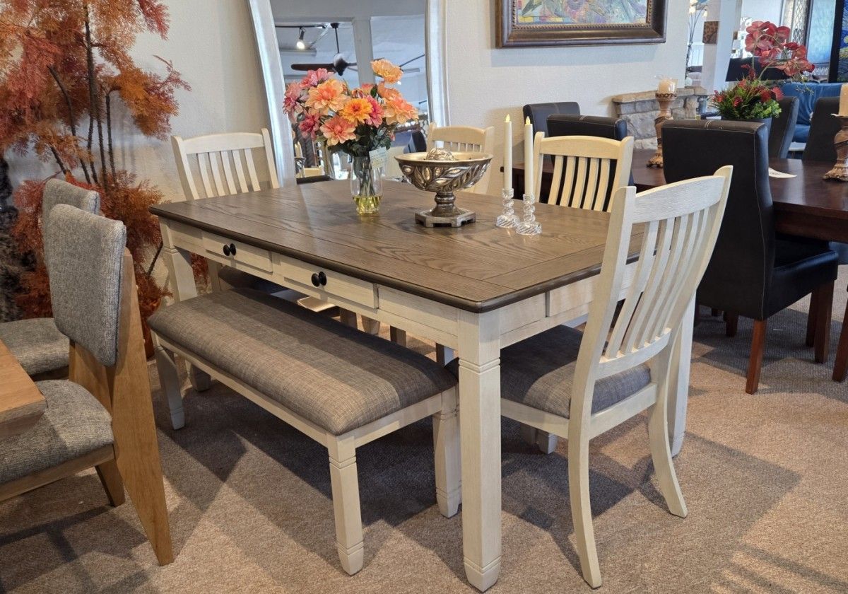 White Dining Table, 4 Side Chairs, Bench