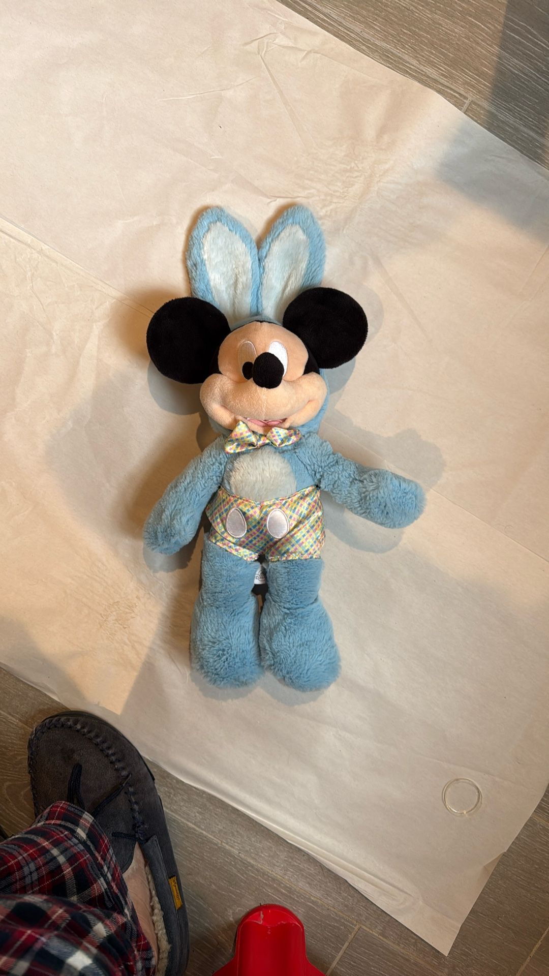 Disney Mickey Mouse Easter plush toy, dressed in a blue bunny suit