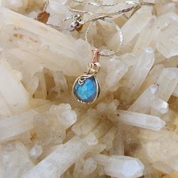 Dainty Sterling Silver Wire Wrapped Labradorite Pendant 