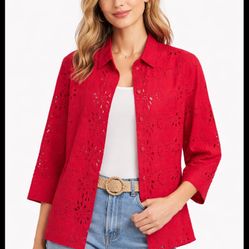 ZARA WOMENS BELOW THE ELBOW LENGTH SLEEVES EMBROIDERED SHIRT RED/8005/916 Sz M