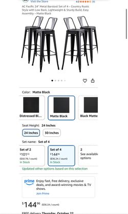 AC Pacific 24" Matte Black Metal Barstools Set of 4