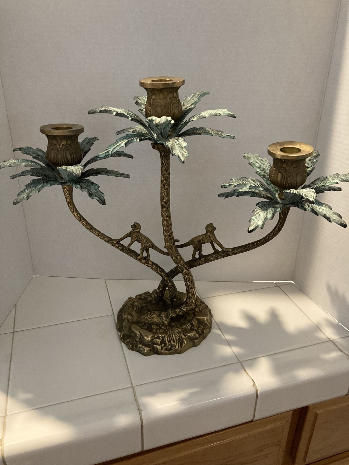Solid Brass Two Monkey 3-arm Candelabra