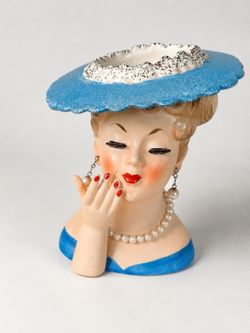 Vintage Ceramic Lady Head Vase with Blue Hat & Pearls