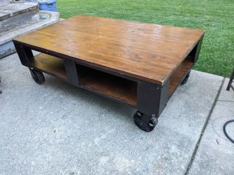 Industrial Wood and Metal Coffee Table on Wheels