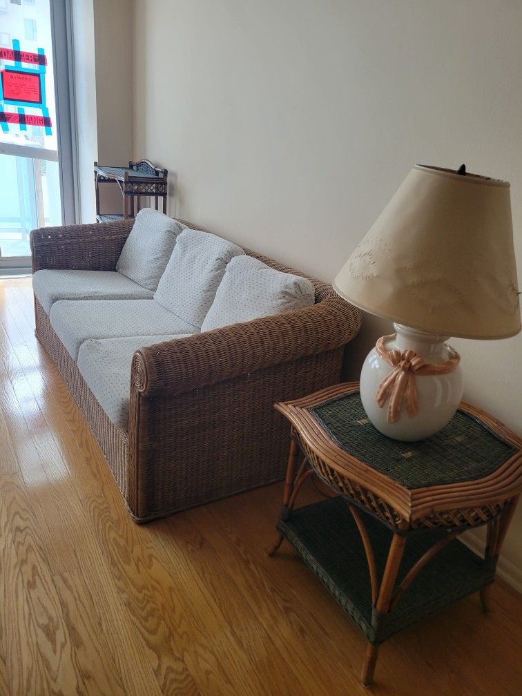 VINTAGE Rattan End Table AND Lamp