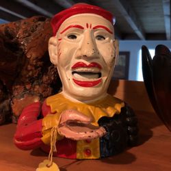 Very Heavy Duty Vintage Cast Iron Clown Toy Vtg Piggy Bank Coin Collector Collectible Art Sculpture Painted Circus Rare Toy