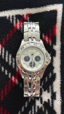 Vintage Fossil Blue BQ-9184 Multifunction Watch – Silver & Blue Dial (Excellent Condition, Needs Battery)