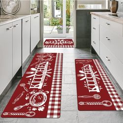 Red Kitchen Mats for Floor, 3 Pieces Non Slip Cushioned Kitchen Runner Rugs with Grid Design, Waterproof Comfort Mat Farmhouse Chef Runners Carpet for