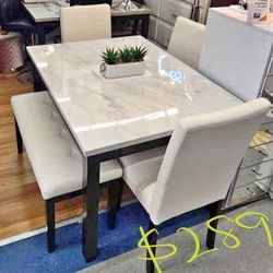 Solid Wood Marble Top Dining Table Set With 3 Chairs And Bench 48x36x30 "