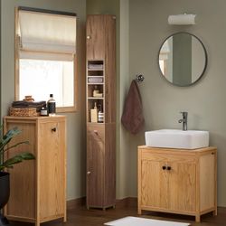 SoBuy Bathroom Narrow Storage Cabinet Skinny Tall Unit with Adjustable Shelves Slender Anti-Tipping Floor Standing Cupboard, Natural BZR34-PF