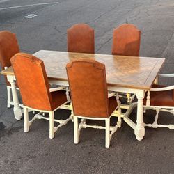 1930s French Louis XIII High Back Upholstered Studded Armchairs With Parquet Top Draw Leaf 11 Foot Oak Dining Table Large Vintage Dining Set 