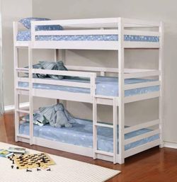Sandler Collection Twin Size Triple Bunk Bed with Modular Design, Slat Kits Included and Solid Pine Wood Construction in White 401302