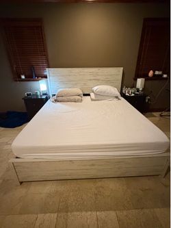 King size bed frame white wash