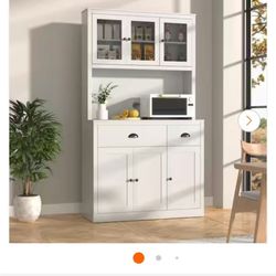 White Kitchen Pantry Cabinet Storage with Adjustable Shelves, Buffet Cupboard and Microwave Stand