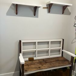 Distressed Wooden Windowpane Bench And 2 Shelves