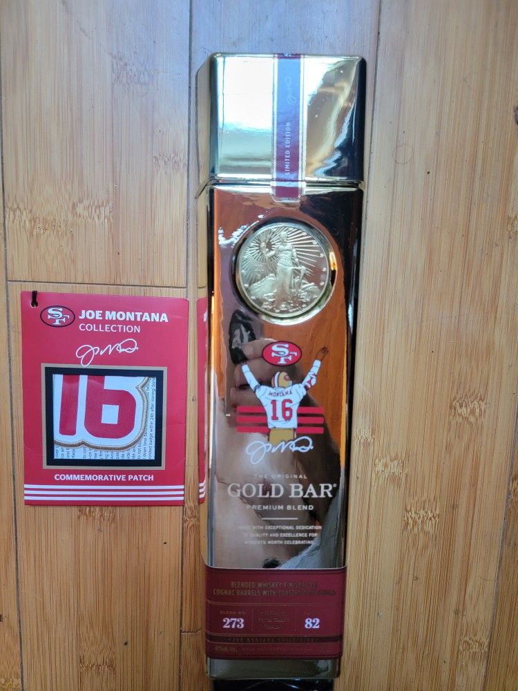Joe Montana 49ers Gold Bar Whiskey Limited Edition Empty Bottle with Patch $100
