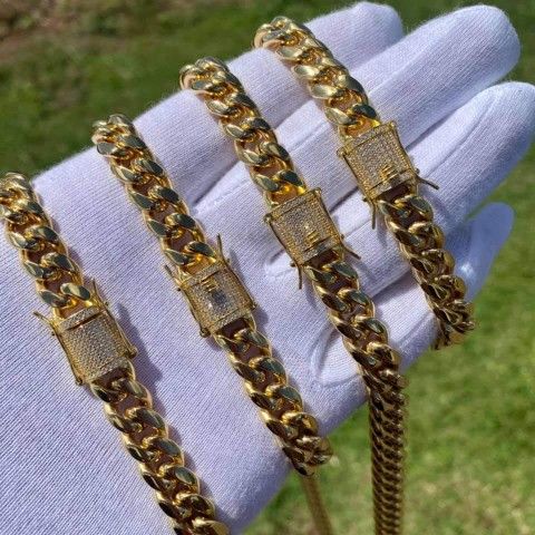 Diamond Lock Cuban Link Set 14K Gold Plated Doesn't Loses Color