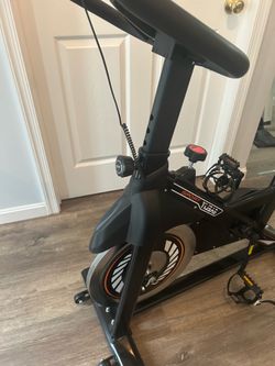 Multiple Items for Sale: indoor bike, mountain bike, mini fridge, leaf blowers