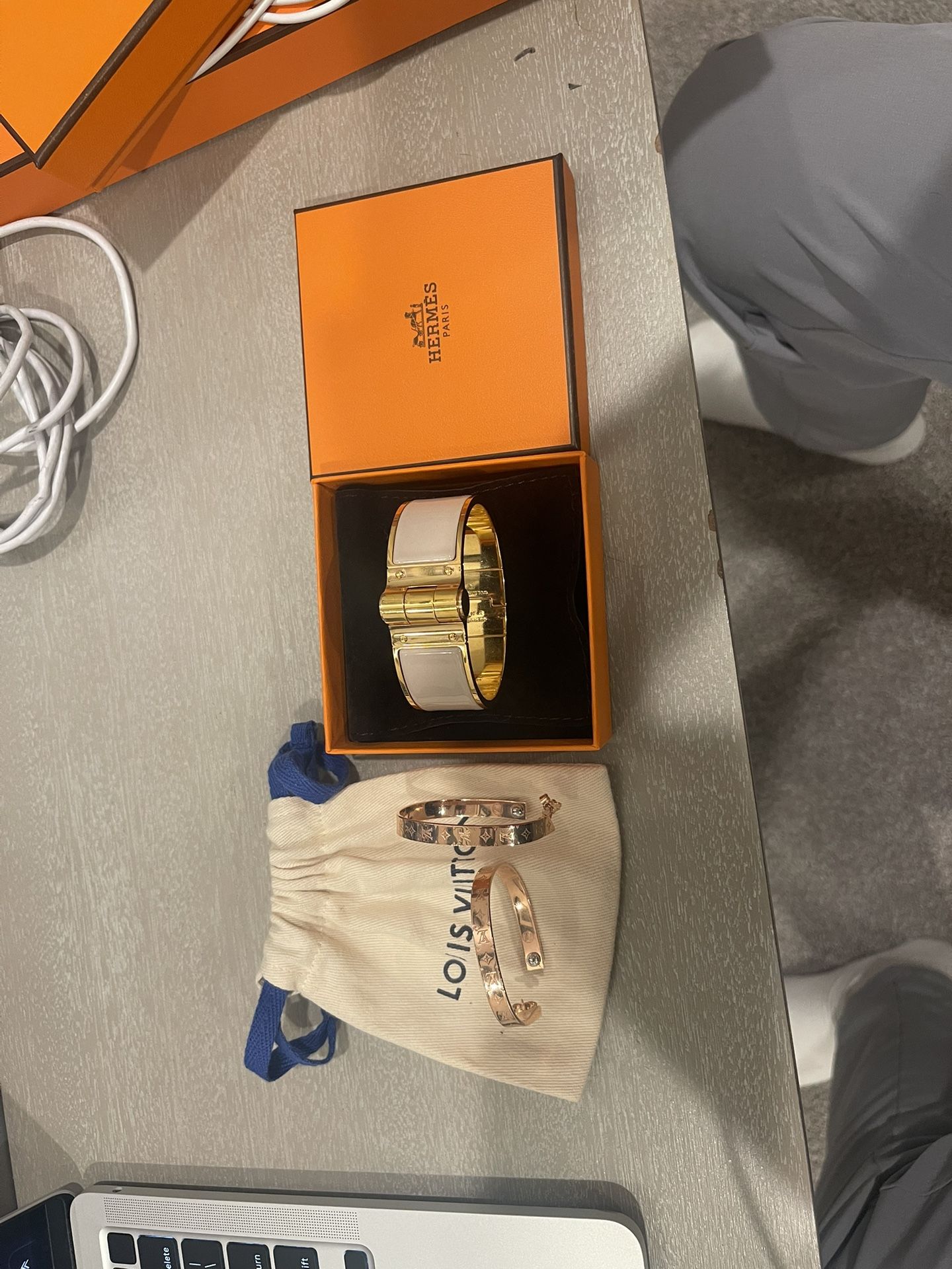 Hermes Gold Bracelet | Louis Vuitton Earrings
