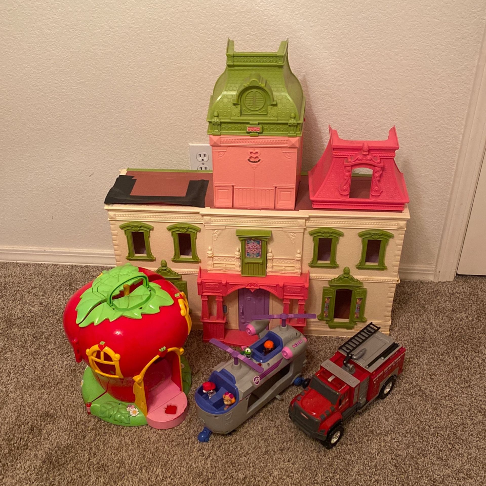 Toy Lot. Doll House. Fire Truck. Paw Patrol Helicopter. Strawberry Shortcake Dollhouse