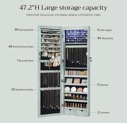 6 LEDs Mirror Cabinet, 47.2-Inch Tall Lockable Wall or Door Mounted Jewelry Armoire Organizer
