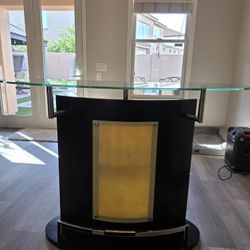 Modern Glass-Top Bar / Console Table – Curved Wood Base with Chrome Detail