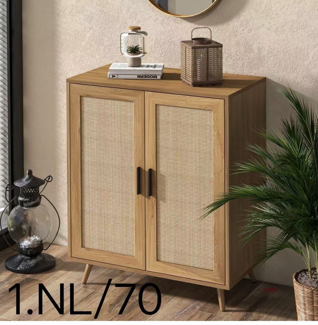 Rattan Storage Cabinet, Sideboard Buffet with Rattan Decor Doors, Sideboard Accent Cabinet with Solid Pine Wood Feet for Hallway, Entry, Living Room,