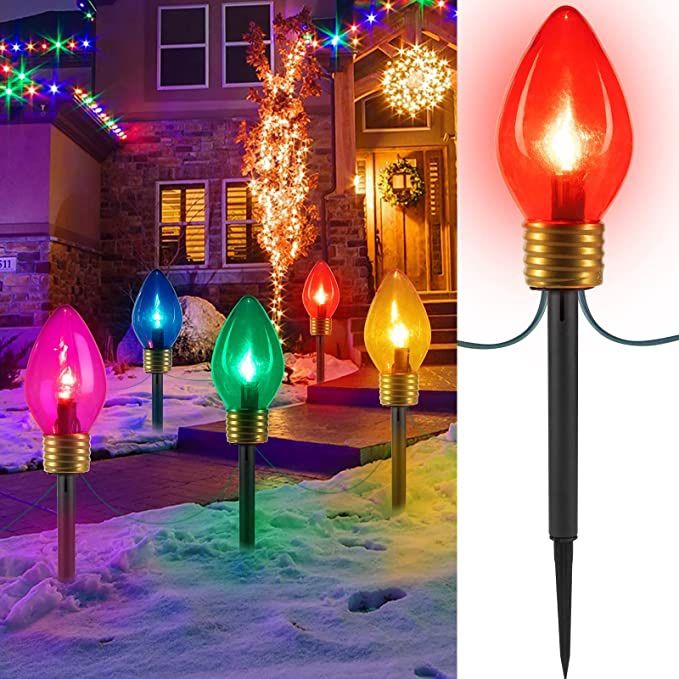 Christmas Lights Jumbo C9 Outdoor Lawn Decorations with Pathway Marker Stakes, 8.5ft C7 Lights Covered Jumbo Glitter Multicolor Bulb for Holiday Outsi