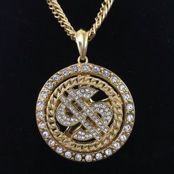 Gold Tone Stainless Steel Necklace with Swarovski Glass Encrusted Spinner Dollar Sign Pendant/ New Drip 2021 Fashion Jewelry Bling/ We Ship Fast!