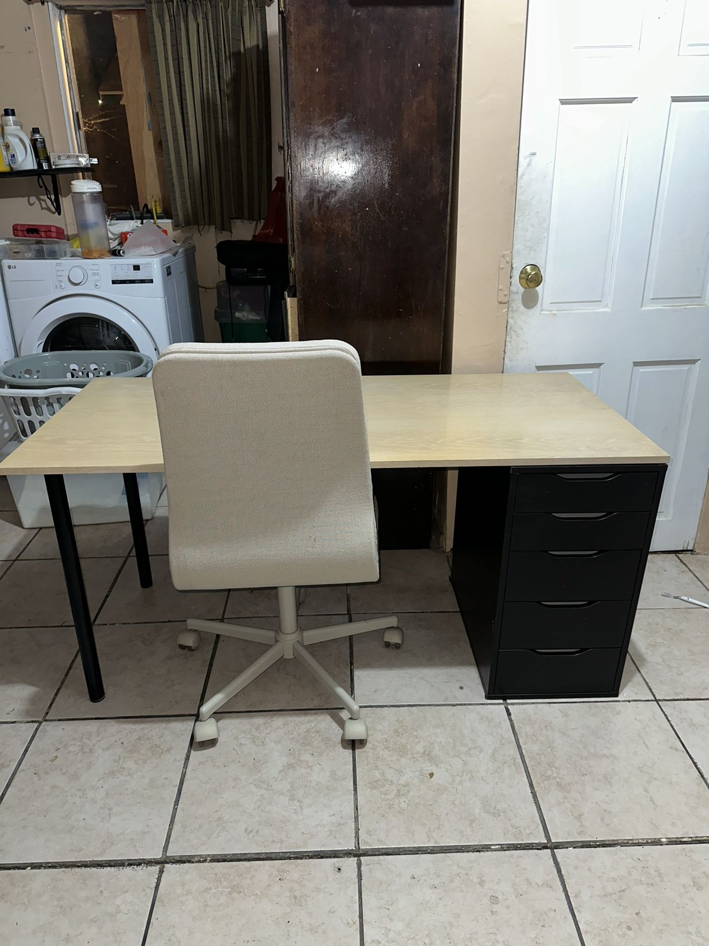 Desk With Ikea ALEX Drawer unit, black-brown, 14 1/8x27 1/2 " And Ikea MULLFJÄLLET Conference chair with casters, Naggen beige