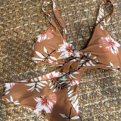 two piece tan floral swimsuit