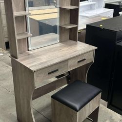 Vanity Desk with LED Lights Mirror & Power Outlet, Small Makeup Vanity Table Set with Storage Drawers & Chair,
