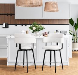 24” Swivel Bar Stools Set of 2, Counter Height, Linen Upholstered Seat, Ergonomic Backrest, Chrome Metal Legs, Kitchen Island
