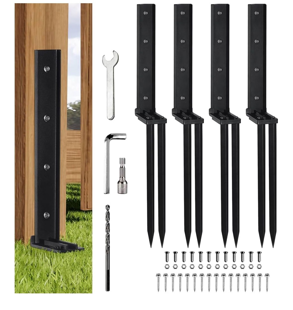 4 Pack Heavy Duty Steel Fence Post Anchor Repair Kit with Adjustable Width Connection and Reinforced Base for Repairing Tilted/Broken Wood Fence Post