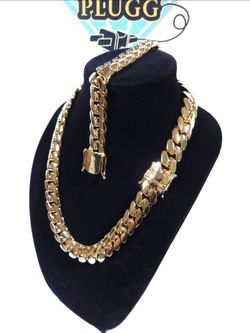Gold Chain Cuban Link w Matching Bracelet Set 14k Gold Plated Box Lock *Premium Quality* 20mm