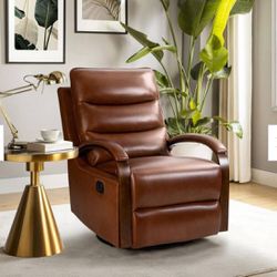 Genuine Leather Swivel Rocking Manual Recliner with Straight Tufted Back Cushion and Curved Mood Arms