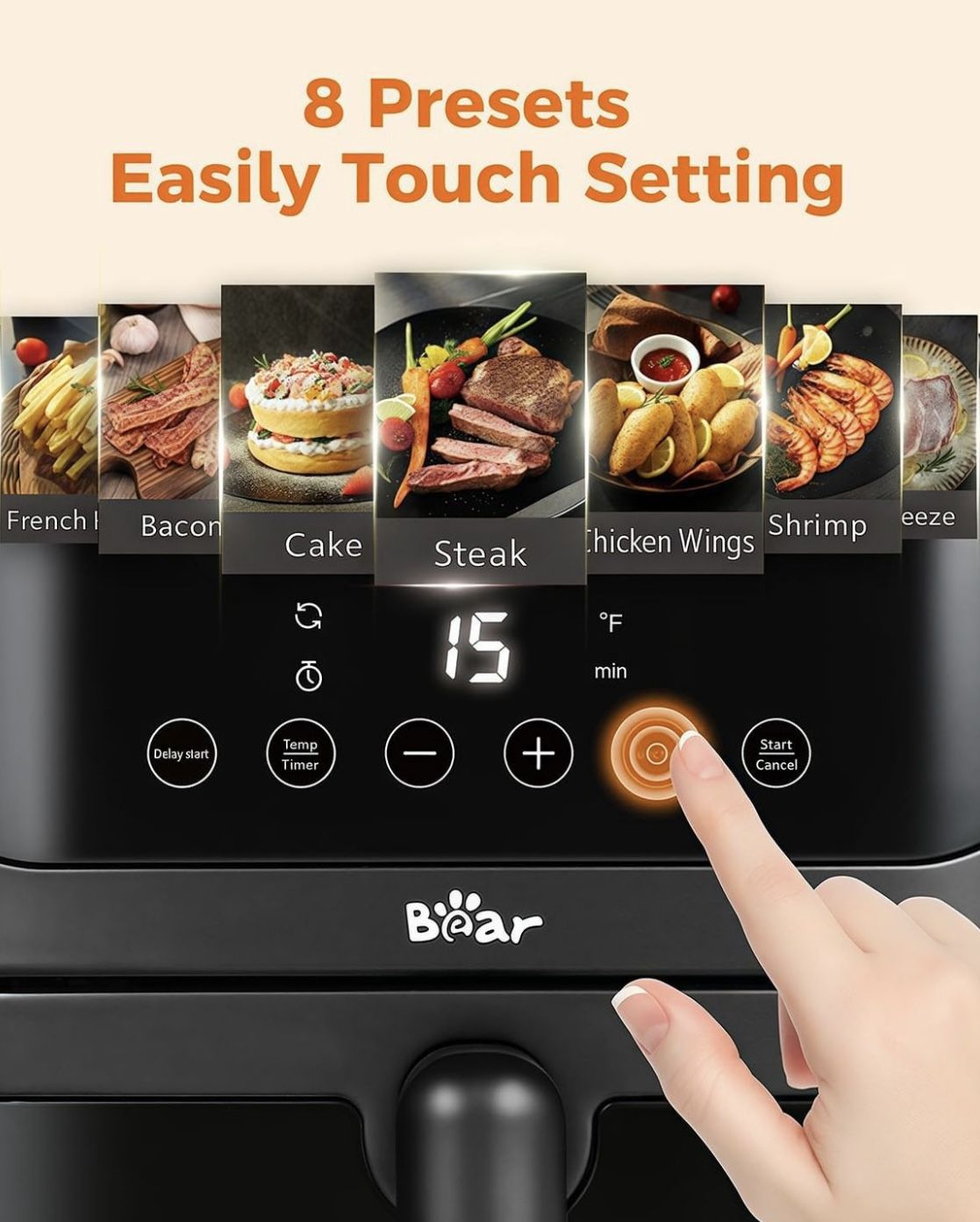 Brand New - Bear Air Fryer, 6.4Qt Stainless, 8 Presets, Temp Timer, Roast, Bake, Crisp, Dishwasher Safe