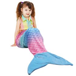 Kids Mermaid Tail Blanket, Super Soft Plush Flannel Sleeping Snuggly Blanket for Girls, Rainbow Ombre, Fish Scale Pattern, Mermaid Gifts for Girls Bir
