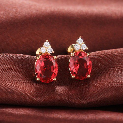 "Beautiful Big Red Oval Zircon 14K Gold Plated Stud Earrings for Women, VP1022
 
