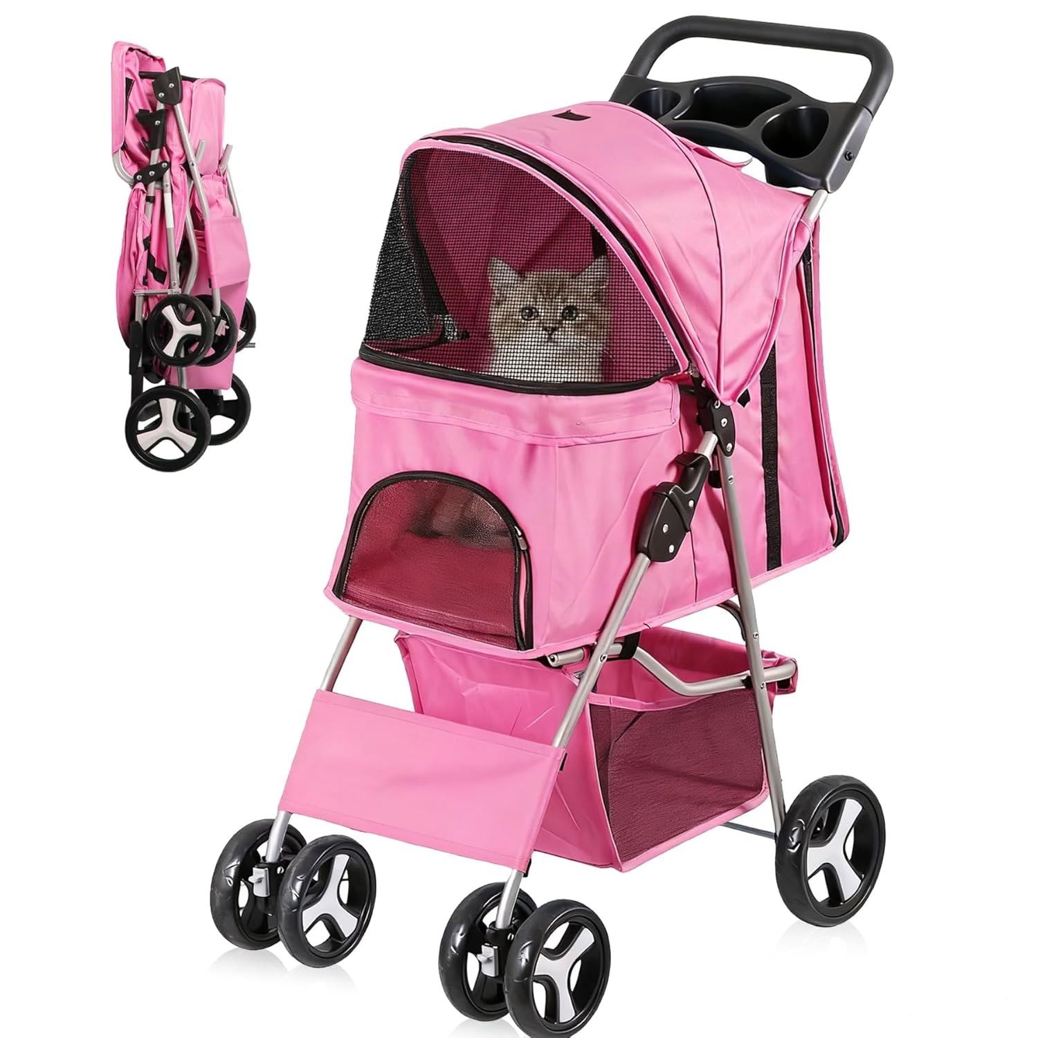 New Pink Foldable Pet Stroller, Cat/Dog Stroller with 4 Wheel, Pet Travel Carrier Strolling Cart