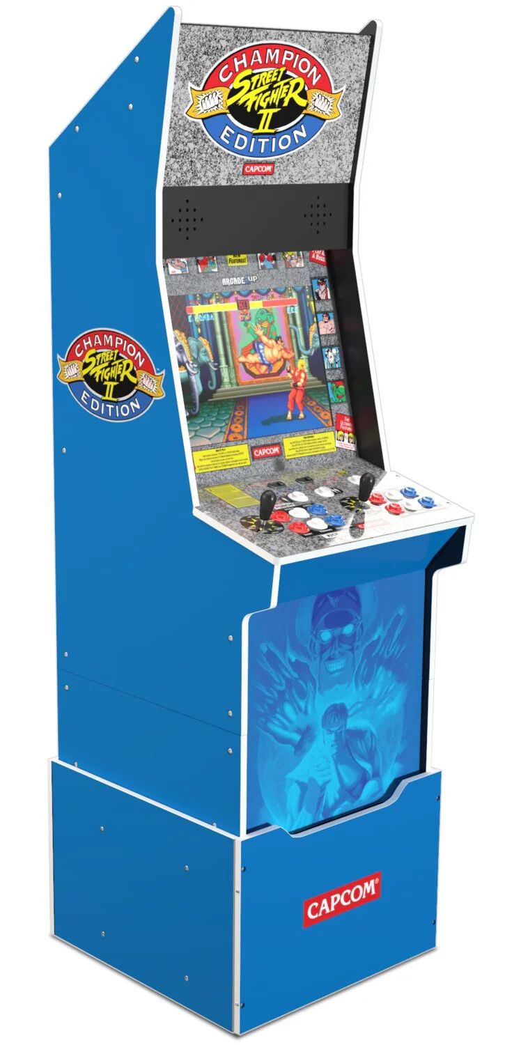 Street Fighter Big Blue Arcade 1up with matching barstool 