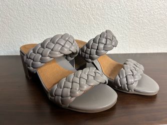 Gray Braided Leather Double Strap Heeled Sandals