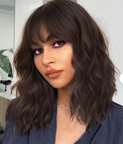 AISI HAIR Natural Brown Synthetic Curly Wavy Bob Wig With Bangs For Women, 21-23 Inches