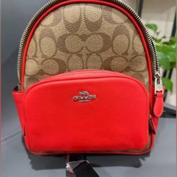 Coach NWT 2024 Mini Court Backpack Red Leather / Tan Signature Canvas CR285 $398