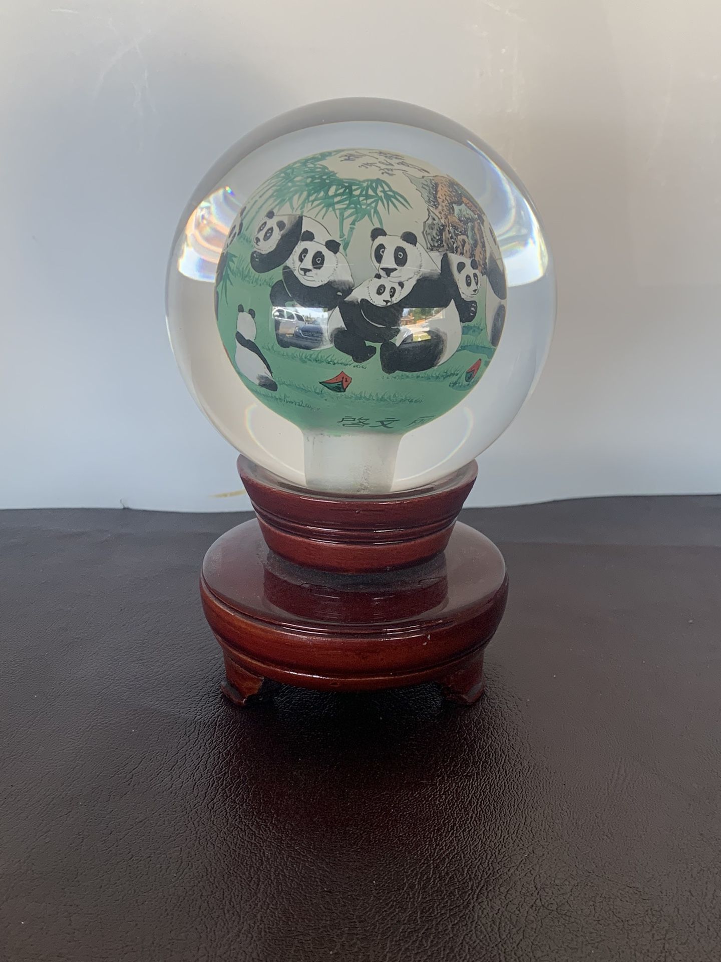 ORIENTAL Crystal Glass Reverse Hand Painted  PANDA BEAR GLOBE W/TEAK STAND