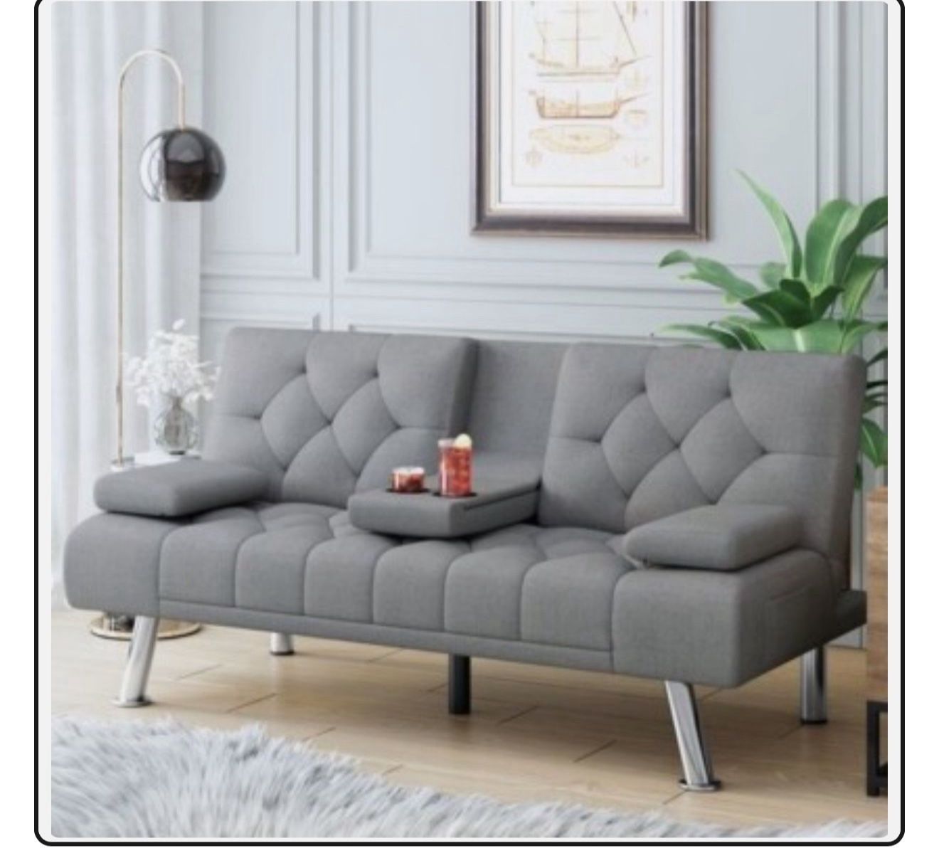 Gray Futon Couch / Sleeper Bed – Adjustable, With Tray & Pillows