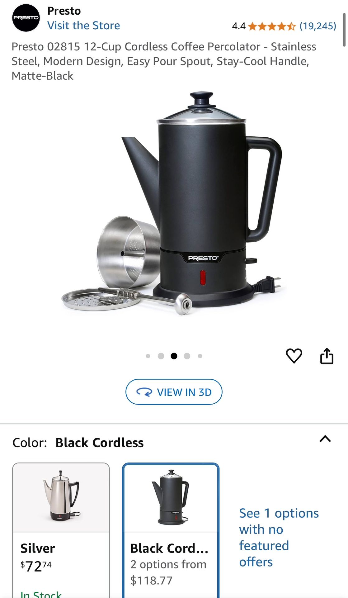 Presto 02815 12 Cup Cordless Coffee Percolator Stainless Steel - Main Image