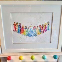 DISNEY PRINCESS FRAMED WATERCOLOR PRINT WITH MATCHING WALL HOOK 